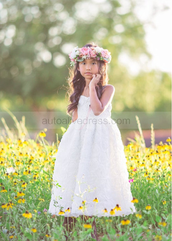 Adjustable Straps White Lace Rosette Romantic Flower Girl Dress